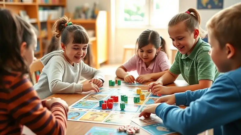 Niños cooperan jugando en aula colorida