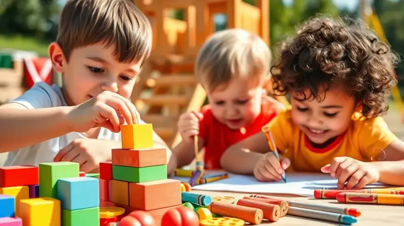 Niños jugando creativamente con juguetes al aire libre