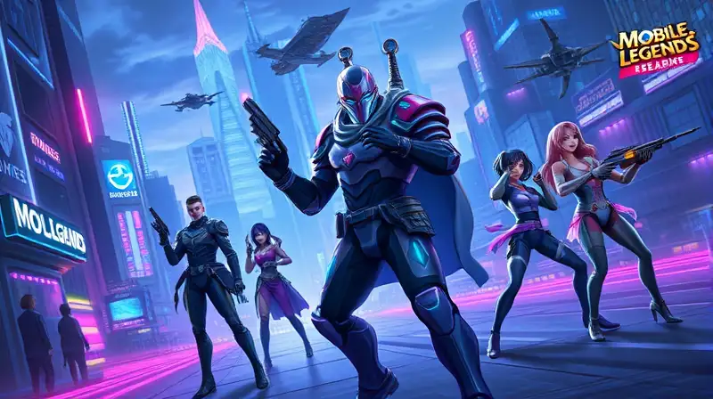 Ciudad futurista con héroes ciborg y tecnología