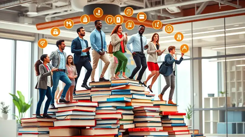 Profesionales diversos suben escalera de libros