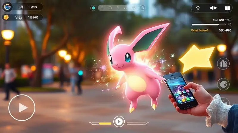Pokémon brillante con entrenador en parque digital