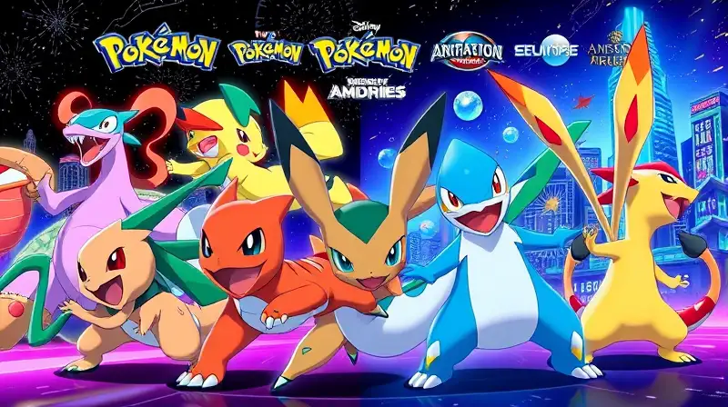 Pokémon icónicos con efectos vibrantes y animación