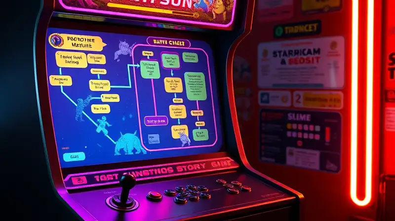 Máquina arcade retro con historia interactiva