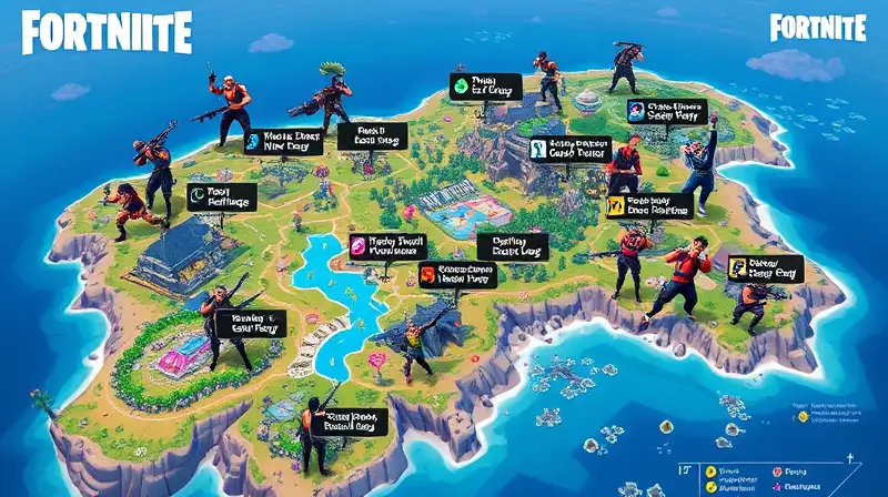 Mapa Fortnite vibrante con desafíos y personajes