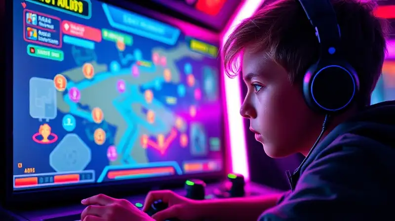 Joven jugador concentrado en juego arcade futurista