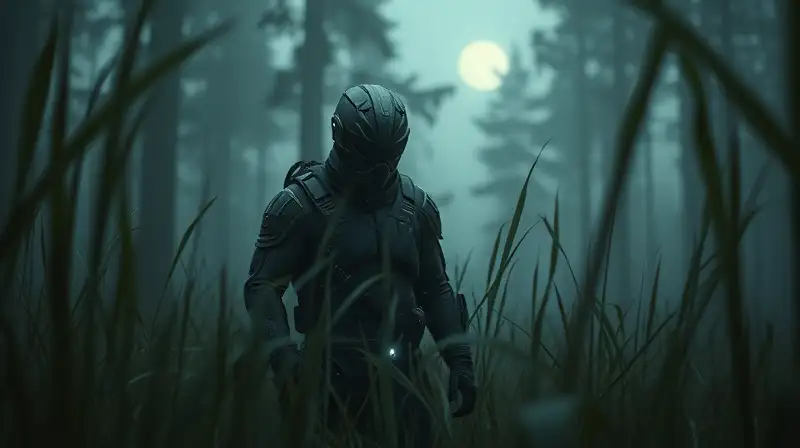 Criatura sigilosa en bosque oscuro y tenue
