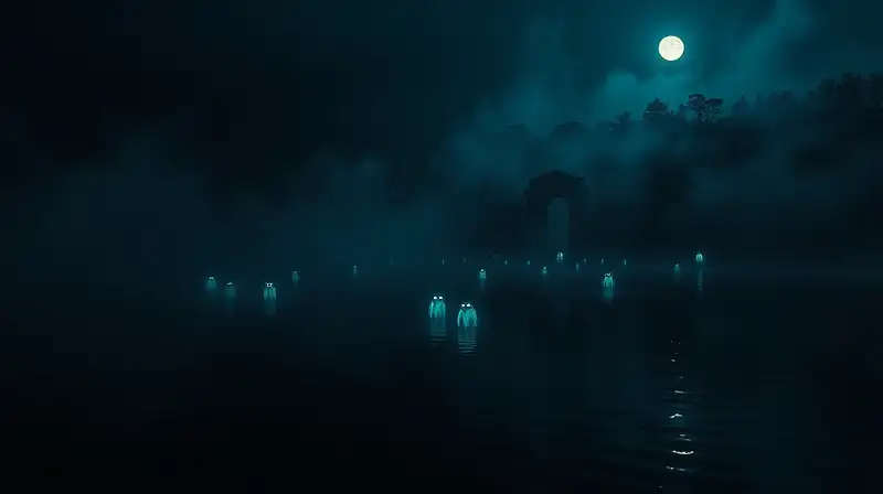 Lago oscuro nocturno con sombras misteriosas