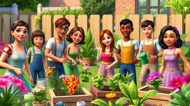 Un Sim alegre jardinea en jardín vibrante