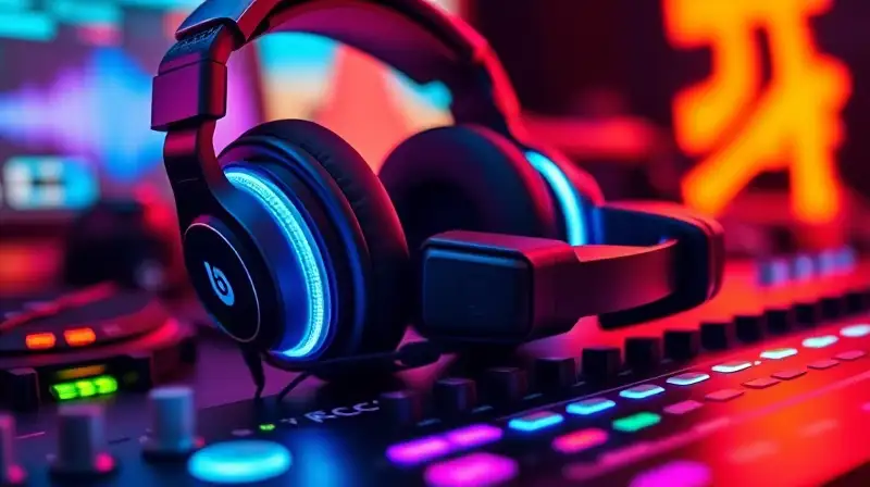 Auriculares y controlador futuristas con luces