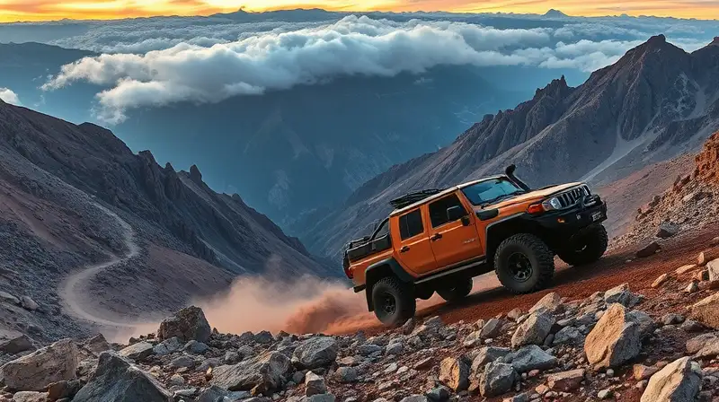 Vehículo todoterreno enfrenta montaña rocosa al atardecer