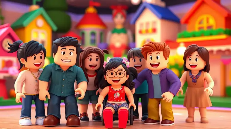 Familia feliz juega juntos en Roblox colorido