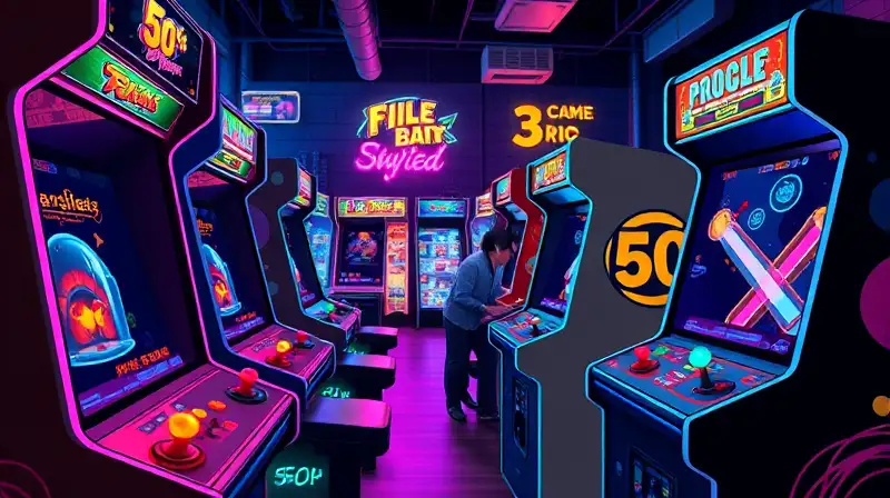 Máquinas arcade clásicas con sprites pixelados vibrantes