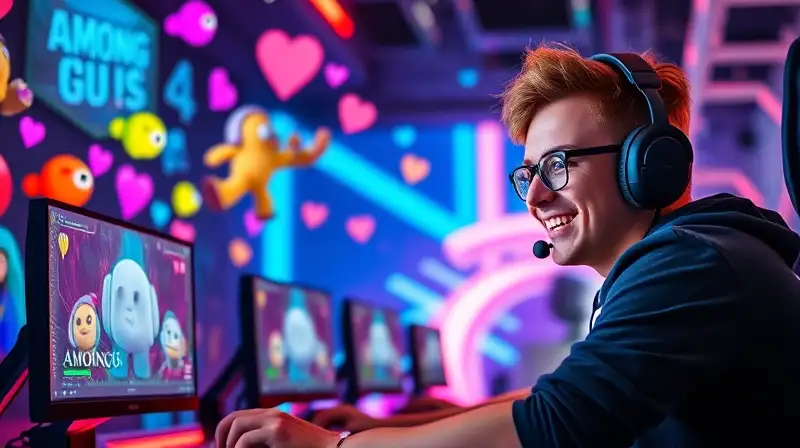 Streamer sonriente entre colores y luces neon