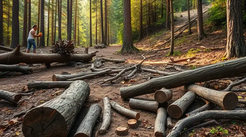 Persona recoge leña en bosque rústico