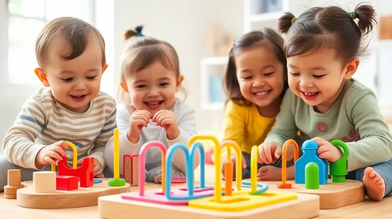 Niños felices juegan con rompecabezas coloridos