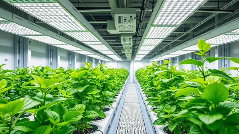 Interior agrícola automatizado con plantas y luces