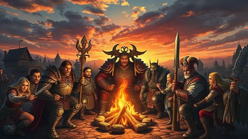 Personajes fantásticos reunidos junto al fuego