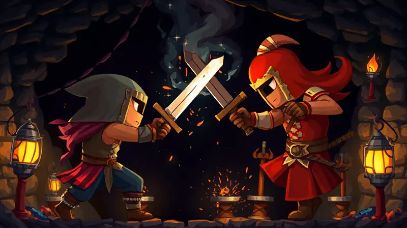 Personajes pixelados peleando en cueva oscura