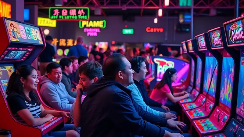 Jugadores variados en arcade futurista y vibrante