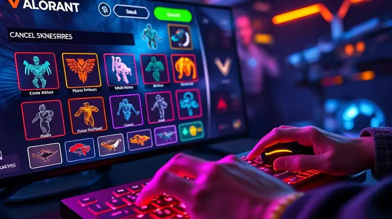 Interfaz futurista de Valorant con skins vibrantes