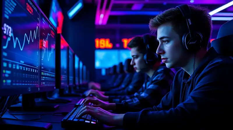 Jugadores intensos en sala futurista iluminada