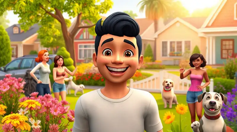 Sim feliz en un vecindario colorido
