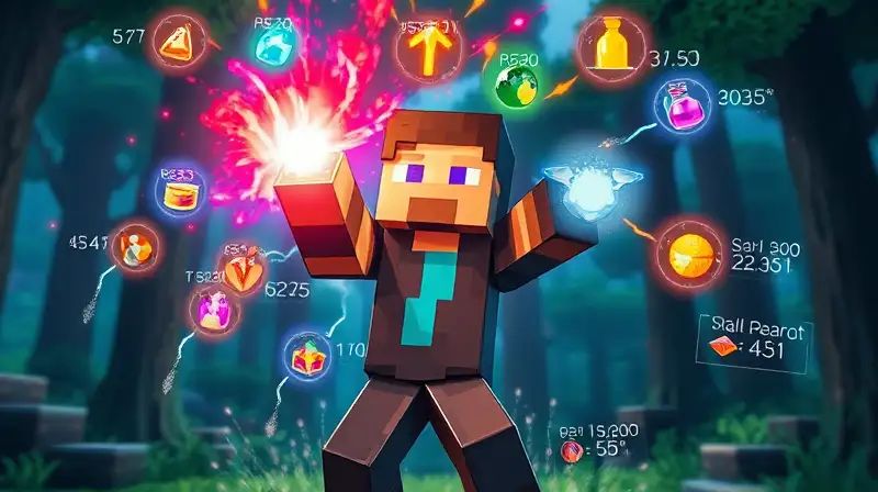 Personaje de Minecraft con efectos mágicos brillantes