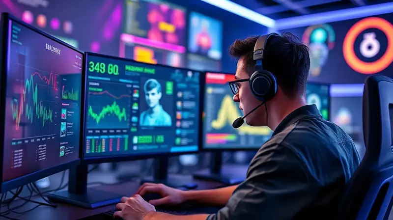 Gamer competitivo analiza partida en setup moderno