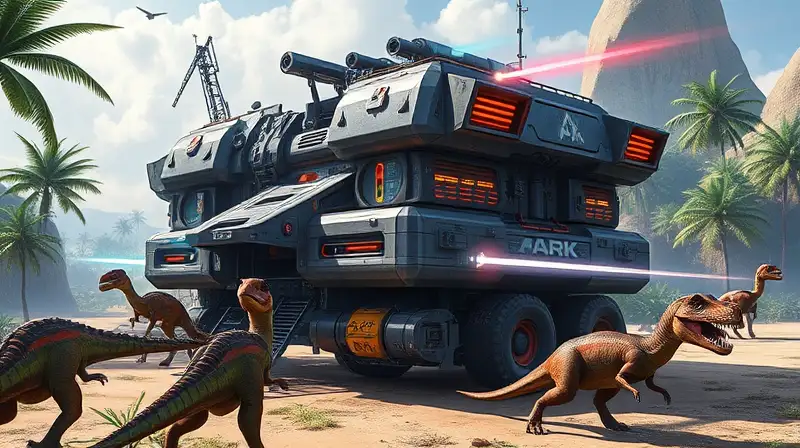 Base futurista robusta con dinosaurios cercanos