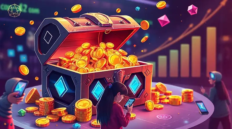 Tesoro digital vibrante con jugadores y progreso
