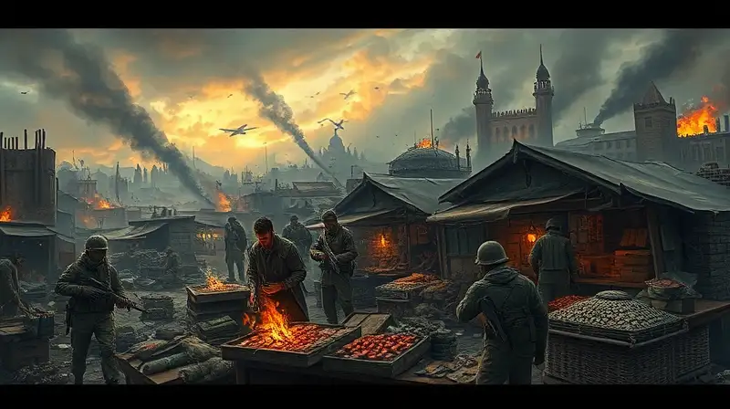 Mercado caótico entre ruinas y soldados