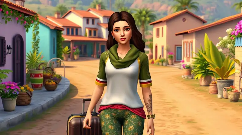 Personaje Sims en pueblo rural vibrante