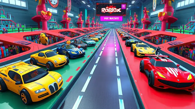 Entorno Roblox con vehículos y pistas coloridas
