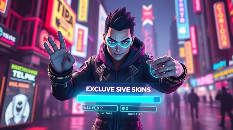 Personaje futurista desbloquea skins en ciudad ciberpunk