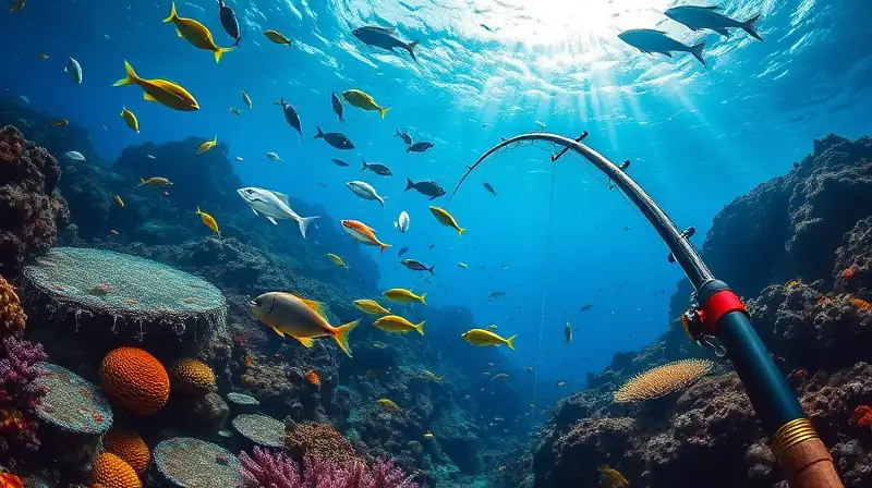 Pesca profunda con peces y corales coloridos