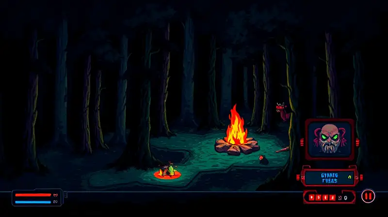 Jugador pixelado explora bosque oscuro y peligroso