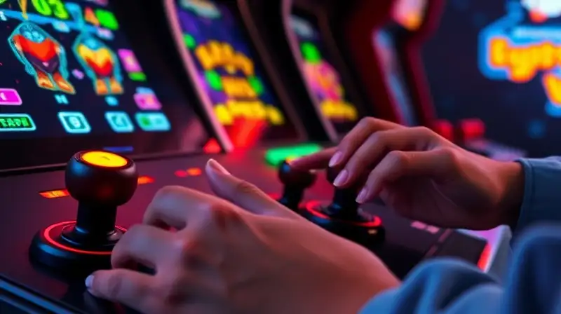 Manos juegan joysticks en arcade retro