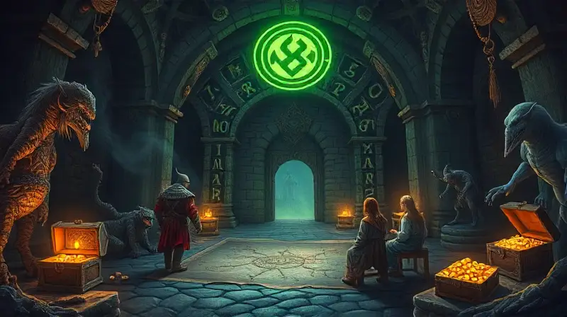 Entrada mística con héroes y tesoros brillando