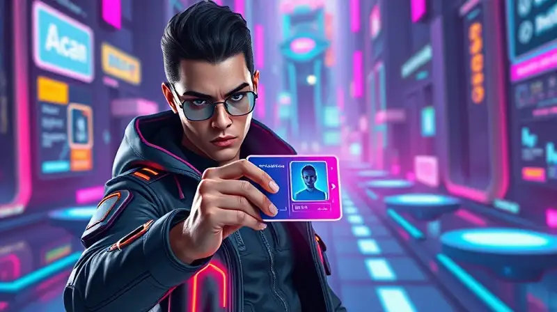 Gamer futurista con tarjeta holográfica brillante