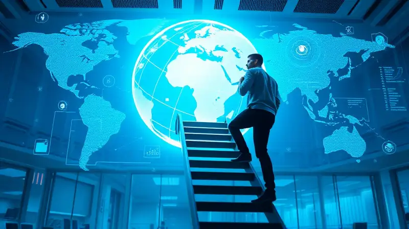 Persona sube escalera hacia mundo digital