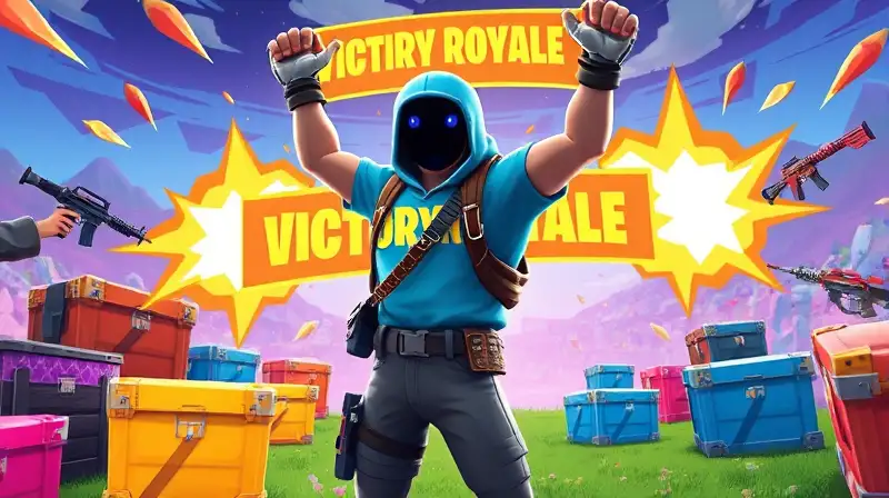 Personaje de Fortnite celebra victoria vibrante