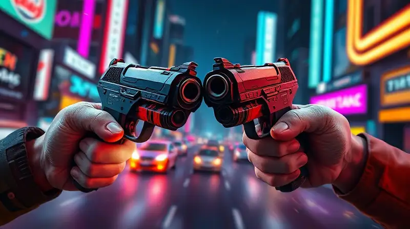 Pistolas futuristas dobles en acción neón