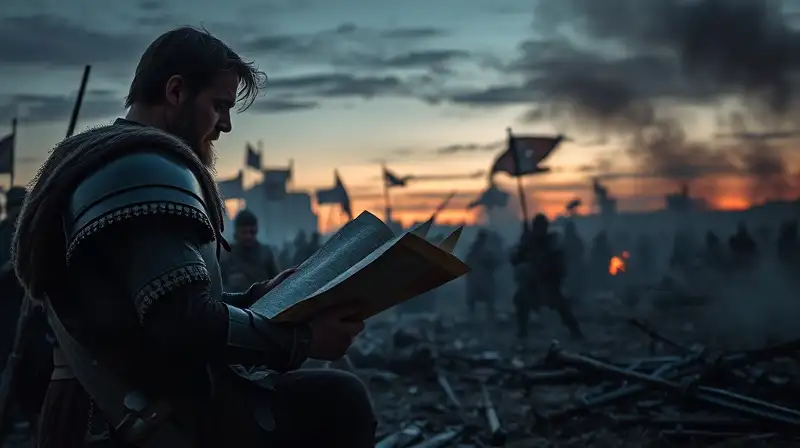 Guerrero medieval planifica tras batalla al atardecer