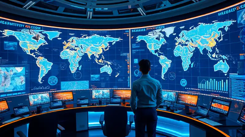 Sala futurista con mapas holográficos avanzados