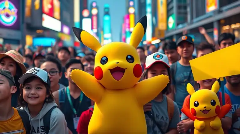 Pikachu sonríe feliz con fans coloridos