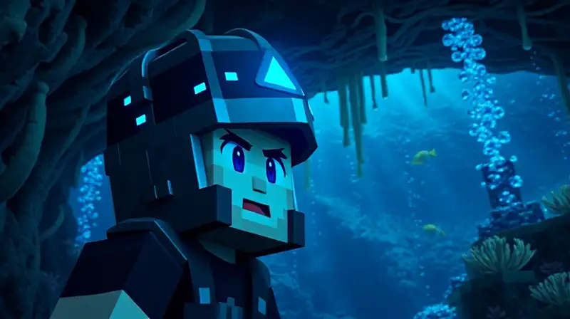 Jugador de Minecraft con casco encantado bajo agua