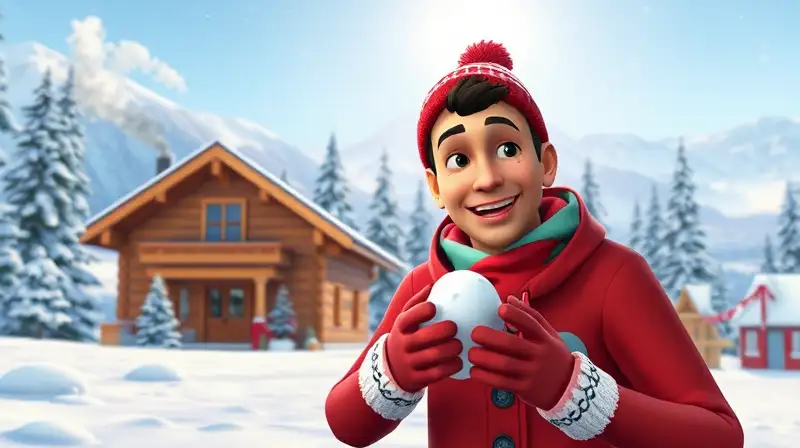 Sim feliz en nieve con cabaña acogedora