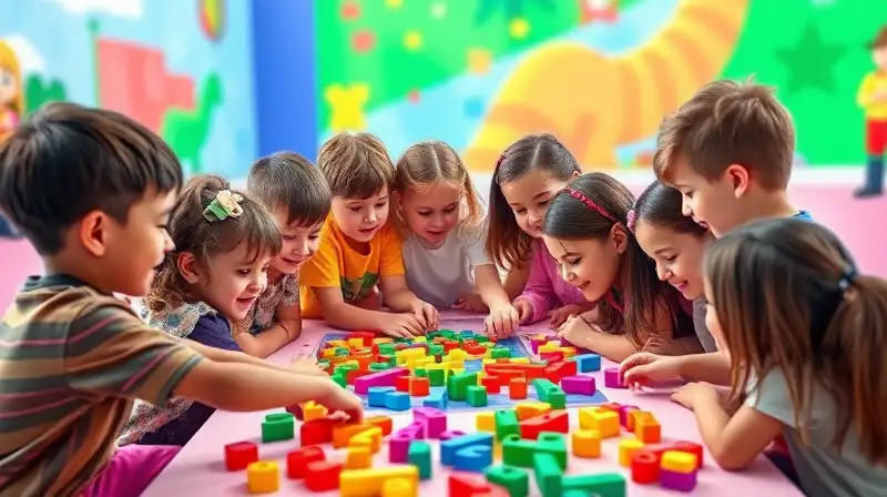 Niños colaboran resolviendo puzles coloridos virtuales