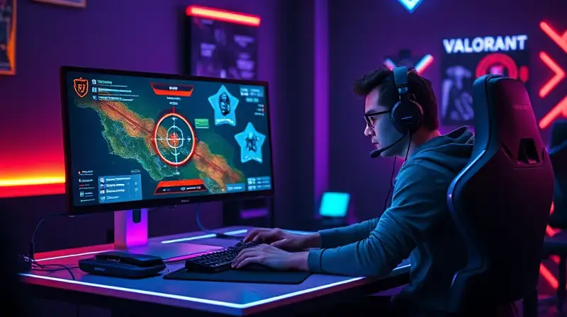 Gamer concentrado juega Valorant con equipo futurista