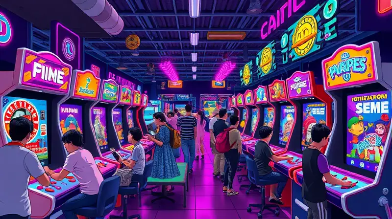 Sala de arcade vibrante con jugadores múltiples